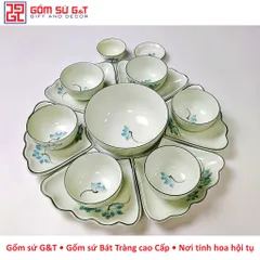 Bộ đồ ăn mặt trời men kem vẽ sen xanh Gốm Sứ G&T