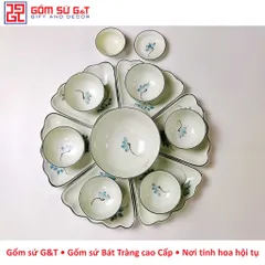 Bộ đồ ăn mặt trời men kem vẽ sen xanh Gốm Sứ G&T
