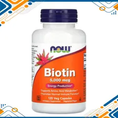 Viên uống Now Biotin 5000 mcg |120 viên| Thúc đẩy & Chuyển hóa năng lượng/Giảm rụng & Hỗ trợ mọc tóc/Cải thiện độ chắc khoẻ của móng [SP Chuẩn Mỹ không tem]
