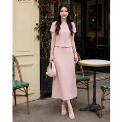 Sét váy công sở HS trẻ trung siêu sang, sét áo cổ tim kèm chân váy midi thanh lịch - May0915