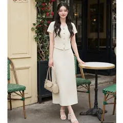 Sét váy công sở HS trẻ trung siêu sang, sét áo cổ tim kèm chân váy midi thanh lịch - May0915