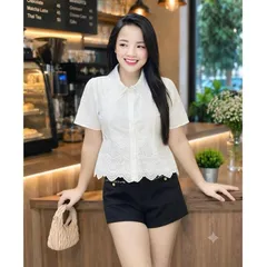 Áo sơ mi thô cổ ren dáng croptop siêu xinh, chất thô boi mềm mát siêu đẹp, áo T-Hoa - May0915