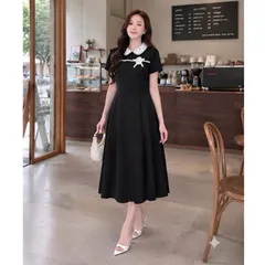 Váy công sở dáng xoè trẻ trung, váy phối cổ sen kèm hoa xinh xắn mặc đi làm đi chơi đều đẹp - May0915
