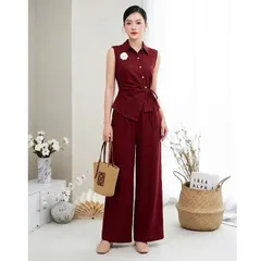Sét bộ linen áo lệch vạt xinh xắn kèm quần ống rộng trẻ trung - May0915