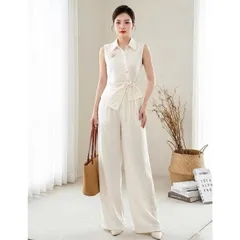 Sét bộ linen áo lệch vạt xinh xắn kèm quần ống rộng trẻ trung - May0915