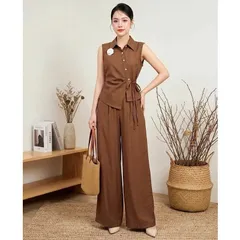Sét bộ linen áo lệch vạt xinh xắn kèm quần ống rộng trẻ trung - May0915