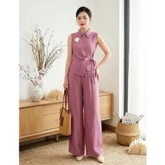 Sét bộ linen áo lệch vạt xinh xắn kèm quần ống rộng trẻ trung - May0915