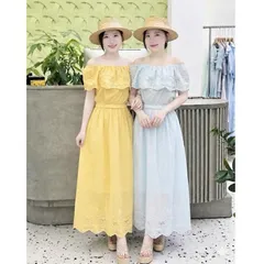 Sét váy maxi thô boi HS, Sét áo trễ vai bo chun gấu kèm chân váy xoè trẻ trung thanh lịch - May0915