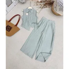 Sét bộ linen áo lệch vạt xinh xắn kèm quần ống rộng trẻ trung - May0915