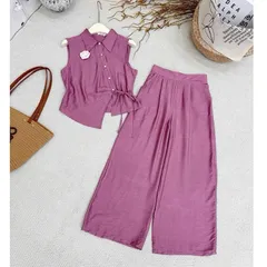 Sét bộ linen áo lệch vạt xinh xắn kèm quần ống rộng trẻ trung - May0915