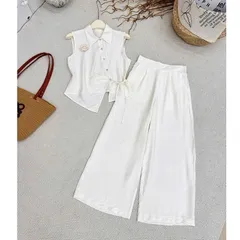 Sét bộ linen áo lệch vạt xinh xắn kèm quần ống rộng trẻ trung - May0915