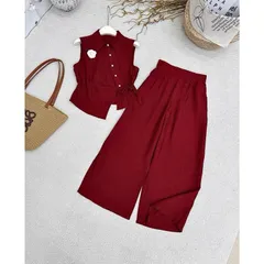 Sét bộ linen áo lệch vạt xinh xắn kèm quần ống rộng trẻ trung - May0915