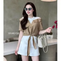 Áo kẻ khoét vai buộc gấu trẻ trung mix sooc hoặc chân váy đều xinh - May0915