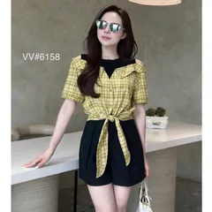 Áo kẻ khoét vai buộc gấu trẻ trung mix sooc hoặc chân váy đều xinh - May0915
