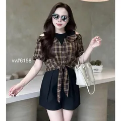 Áo kẻ khoét vai buộc gấu trẻ trung mix sooc hoặc chân váy đều xinh - May0915