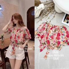 Áo sơ mi hoa bẹt vai bo gấu thắt nơ siêu xinh, áo chất tơ mềm mát - May0915