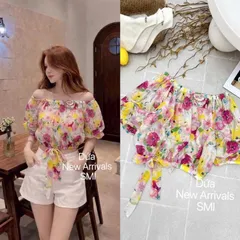 Áo sơ mi hoa bẹt vai bo gấu thắt nơ siêu xinh, áo chất tơ mềm mát - May0915