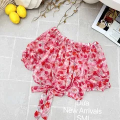 Áo sơ mi hoa bẹt vai bo gấu thắt nơ siêu xinh, áo chất tơ mềm mát - May0915