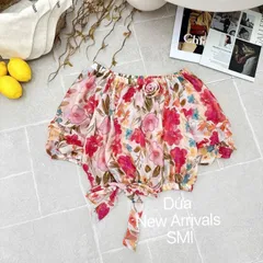 Áo sơ mi hoa bẹt vai bo gấu thắt nơ siêu xinh, áo chất tơ mềm mát - May0915