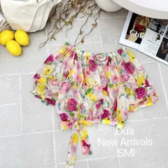Áo sơ mi hoa bẹt vai bo gấu thắt nơ siêu xinh, áo chất tơ mềm mát - May0915
