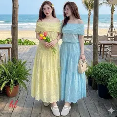 Sét váy thô thêu trễ vai siêu xinh, váy mặc đi chơi đi biển mặc nhóm đều đẹp - May0915