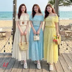Sét váy thô thêu trễ vai siêu xinh, váy mặc đi chơi đi biển mặc nhóm đều đẹp - May0915