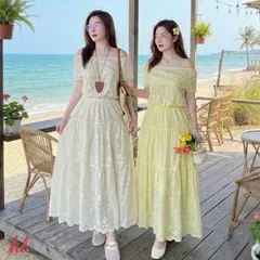 Sét váy thô thêu trễ vai siêu xinh, váy mặc đi chơi đi biển mặc nhóm đều đẹp - May0915