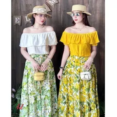 Sét váy hoa trễ vai đi biển, đi chơi, mặc nhóm cực xinh, chất đũi mềm mát - May0915