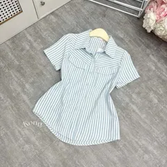 Áo sơ mi kẻ 2 túi trước xinh xắn, áo sơ mi kẻ thiết kế tay ngắn phong cách thanh lịch - May0915