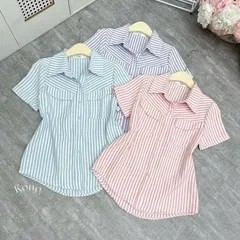 Áo sơ mi kẻ 2 túi trước xinh xắn, áo sơ mi kẻ thiết kế tay ngắn phong cách thanh lịch - May0915