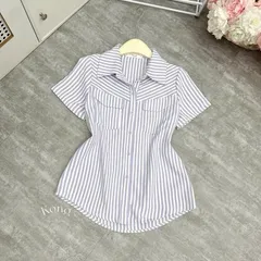 Áo sơ mi kẻ 2 túi trước xinh xắn, áo sơ mi kẻ thiết kế tay ngắn phong cách thanh lịch - May0915