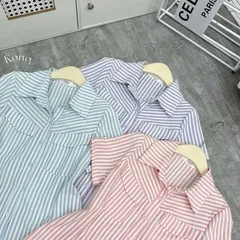Áo sơ mi kẻ 2 túi trước xinh xắn, áo sơ mi kẻ thiết kế tay ngắn phong cách thanh lịch - May0915