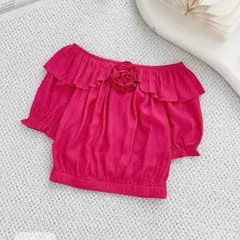 Áo trễ vai bèo đính hoa bo gấu mặc được 2 kiểu trễ vai và cổ tròn, chất đũi mềm siêu mát - May0915