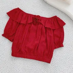 Áo trễ vai bèo đính hoa bo gấu mặc được 2 kiểu trễ vai và cổ tròn, chất đũi mềm siêu mát - May0915