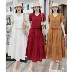 Sét váy thô boi cổ tim cúc bọc cực xinh, sét mặc nhóm, sét váy đi biển thời trang - May0915