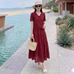 Sét váy thô boi cổ tim cúc bọc cực xinh, sét mặc nhóm, sét váy đi biển thời trang - May0915