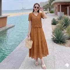 Sét váy thô boi cổ tim cúc bọc cực xinh, sét mặc nhóm, sét váy đi biển thời trang - May0915