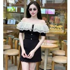 Áo trễ vai bèo cúc đá siu xinh, áo mặc được 2 kiểu trễ vai và cổ tròn, chất cotton co giãn mềm mát - May0915
