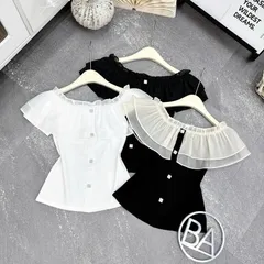 Áo trễ vai bèo cúc đá siu xinh, áo mặc được 2 kiểu trễ vai và cổ tròn, chất cotton co giãn mềm mát - May0915