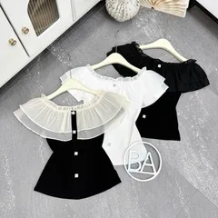 Áo trễ vai bèo cúc đá siu xinh, áo mặc được 2 kiểu trễ vai và cổ tròn, chất cotton co giãn mềm mát - May0915