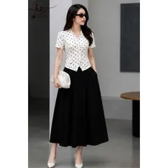 Sét áo chấm bi HS cổ bèo cúc ngọc kèm quần giả váy xoè trẻ trung thanh lịch, Sét váy công sở đẹp - May0915