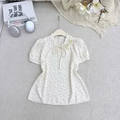 Áo sơ mi chấm bi LD cổ bèo đính hoa xinh - May0915