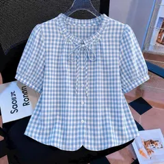 Áo sơ mi kẻ PL cổ nơ xinh xắn, form áo dài vừa siêu xinh dễ mặc, chất vải mềm mát - May0915