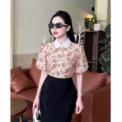 Áo sơ mi hoa phối cổ sen HD tay bồng siêu xinh - May0915