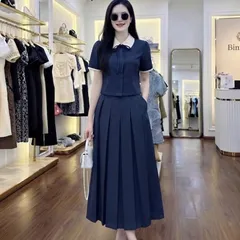 Sét váy công sở áo croptop cổ sen kèm chân váy midi xoè trẻ trung thanh lịch - May0915