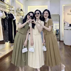 Sét váy công sở áo croptop cổ sen kèm chân váy midi xoè trẻ trung thanh lịch - May0915