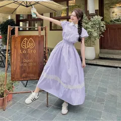 Sét váy kẻ cổ sen phối viền ren trẻ trung - May2