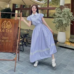 Sét váy kẻ cổ sen phối viền ren trẻ trung - May2