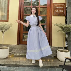 Sét váy kẻ cổ sen phối viền ren trẻ trung - May2