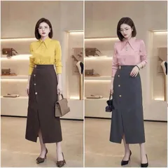 Chân váy midi vạt lệch xẻ trước thời trang, form váy tôn dáng trẻ trung sang chảnh, váy HPhuong - May0915